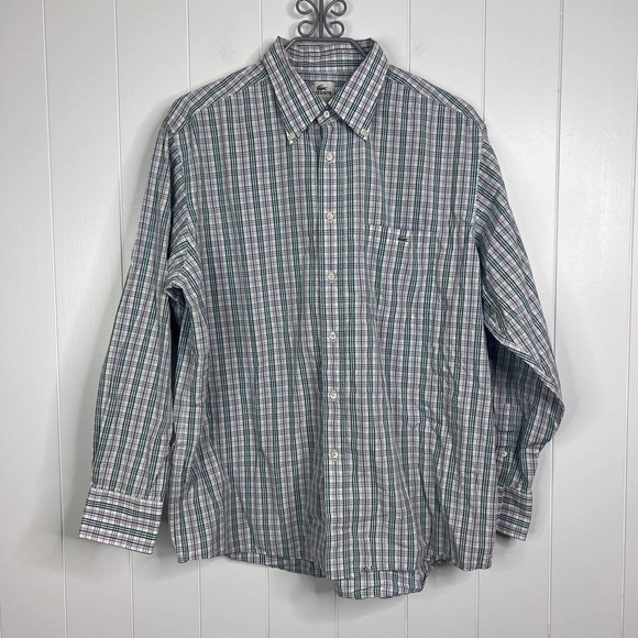 LaCoste Men's Button Down Green/Purple Plaid with Front‎ Pocket SZ 46